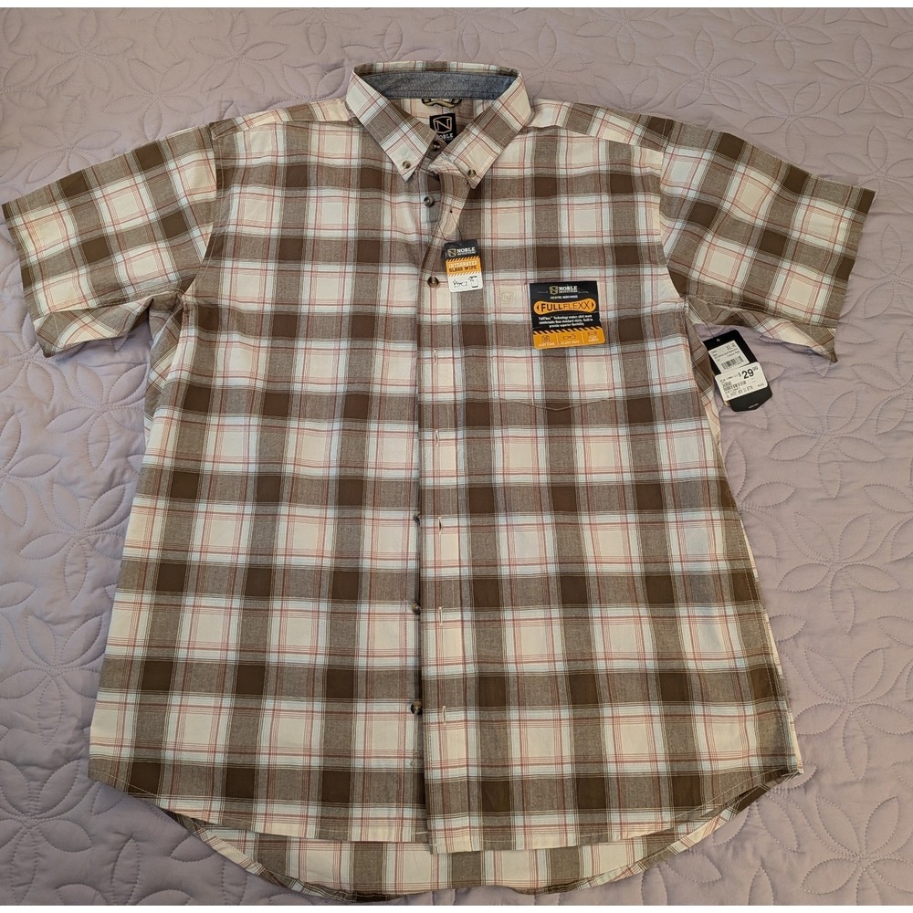 Noble Outfitters Short-Sleeve Button Plaid Brown Men XL Built In Glass Wipe